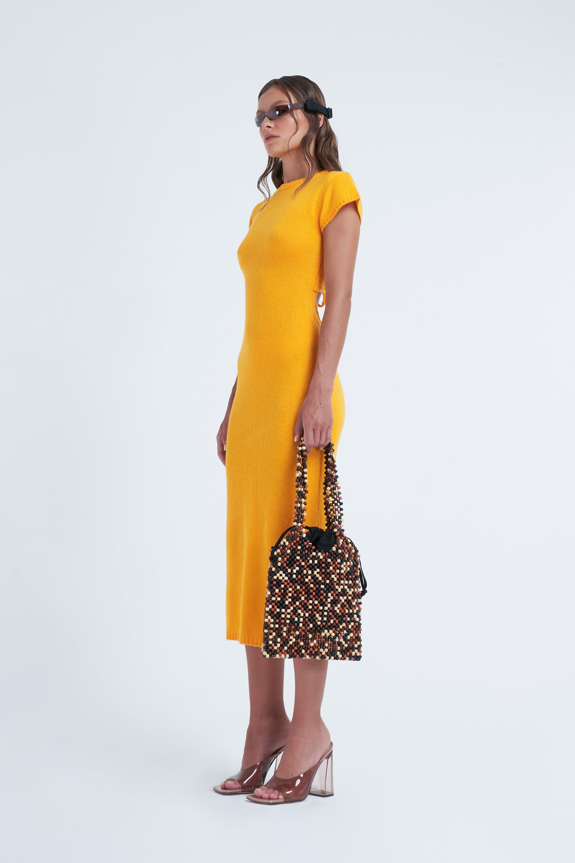 Arthur Apparel Yellow Carrot Fitted Midi Dress with Ribbed Neck and Hem in Knit