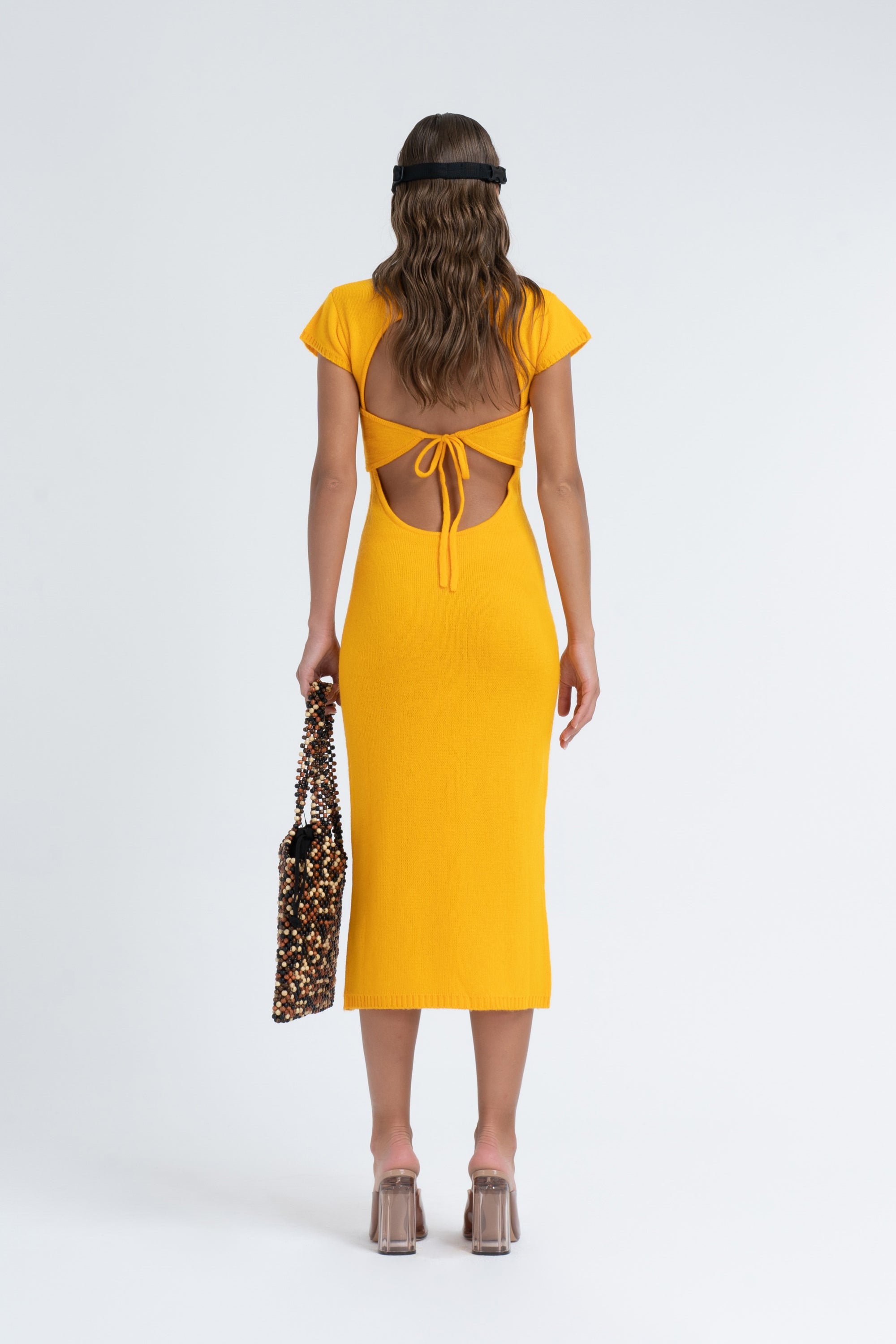 Arthur Apparel Yellow Carrot Fitted Midi Dress with Ribbed Neck and Hem in Knit