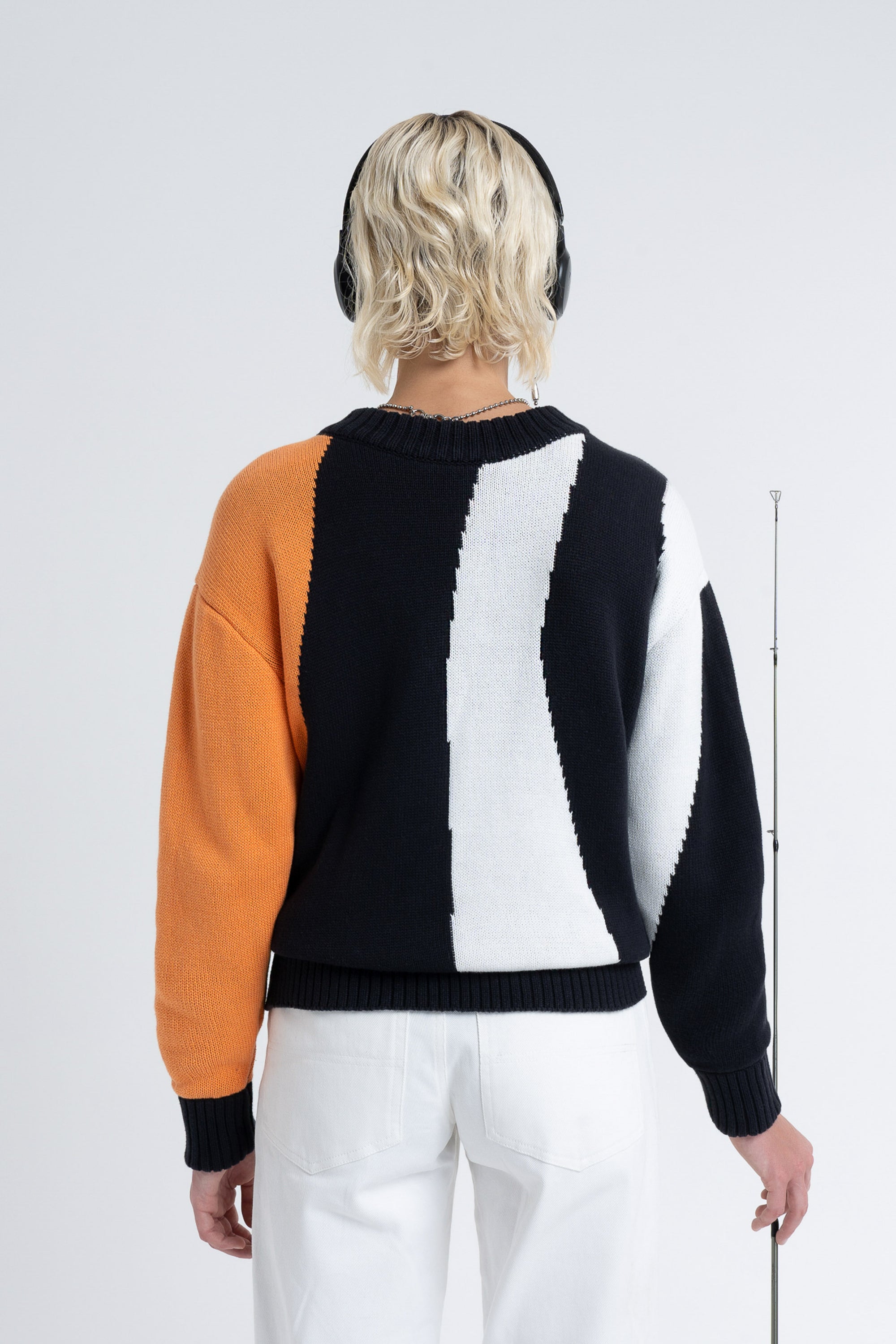 Arthur Apparel Black Orange Tobiko Oversized Crewneck Sweater with Rib in Cotton Jacquard Knit