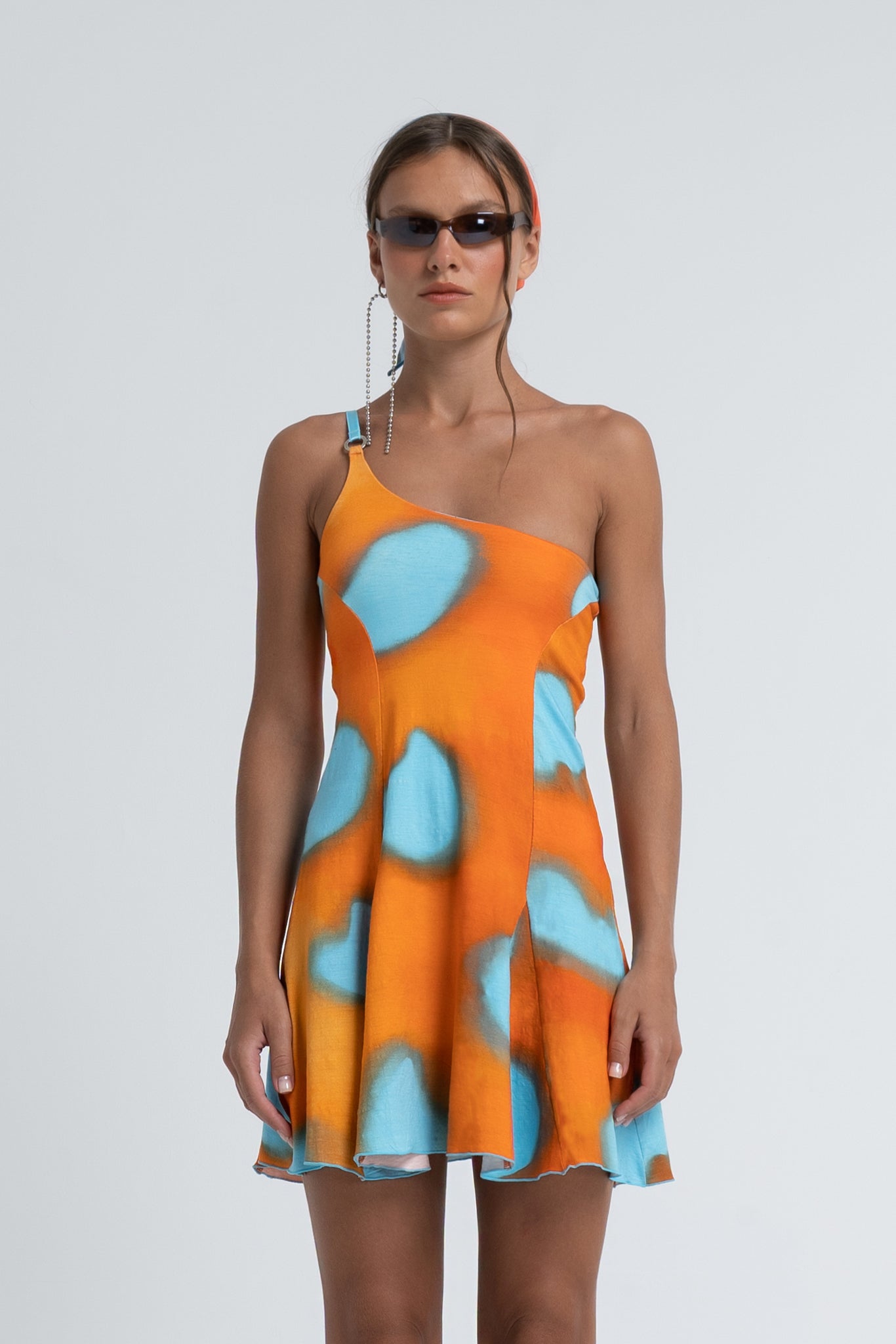 Arthur Apparel Orange Blue Prints Flare Mini Skirt Cotton One Shoulder Strap Dress