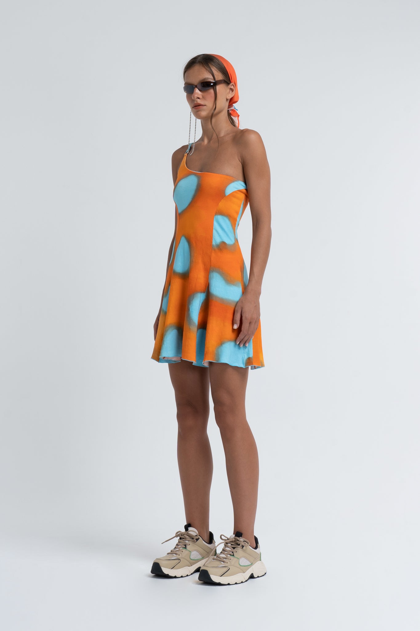 Arthur Apparel Orange Blue Prints Flare Mini Skirt Cotton One Shoulder Strap Dress