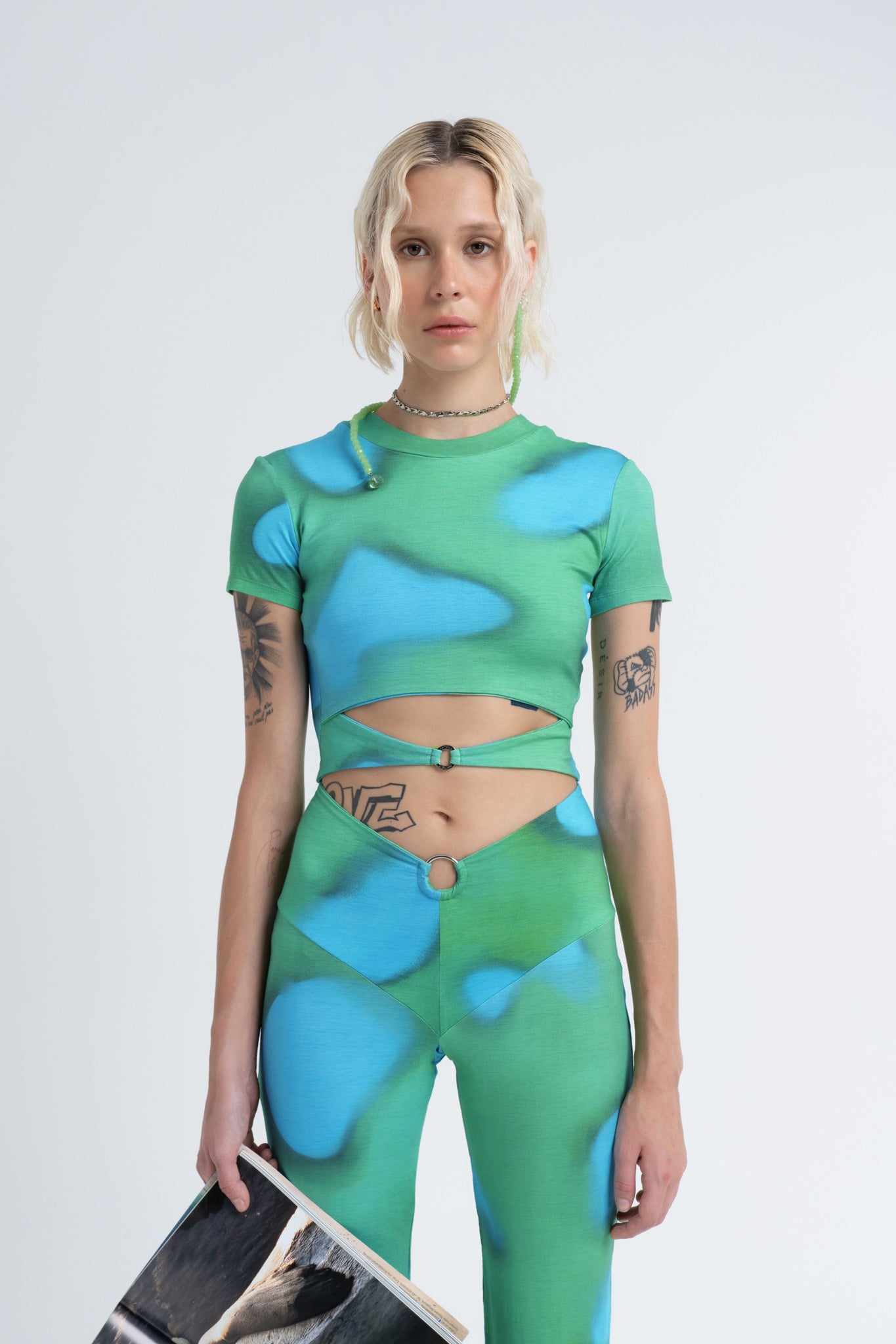 Arthur Apparel Green Blue Prints Cotton Short Sleeve Crop Top with Ring Detail