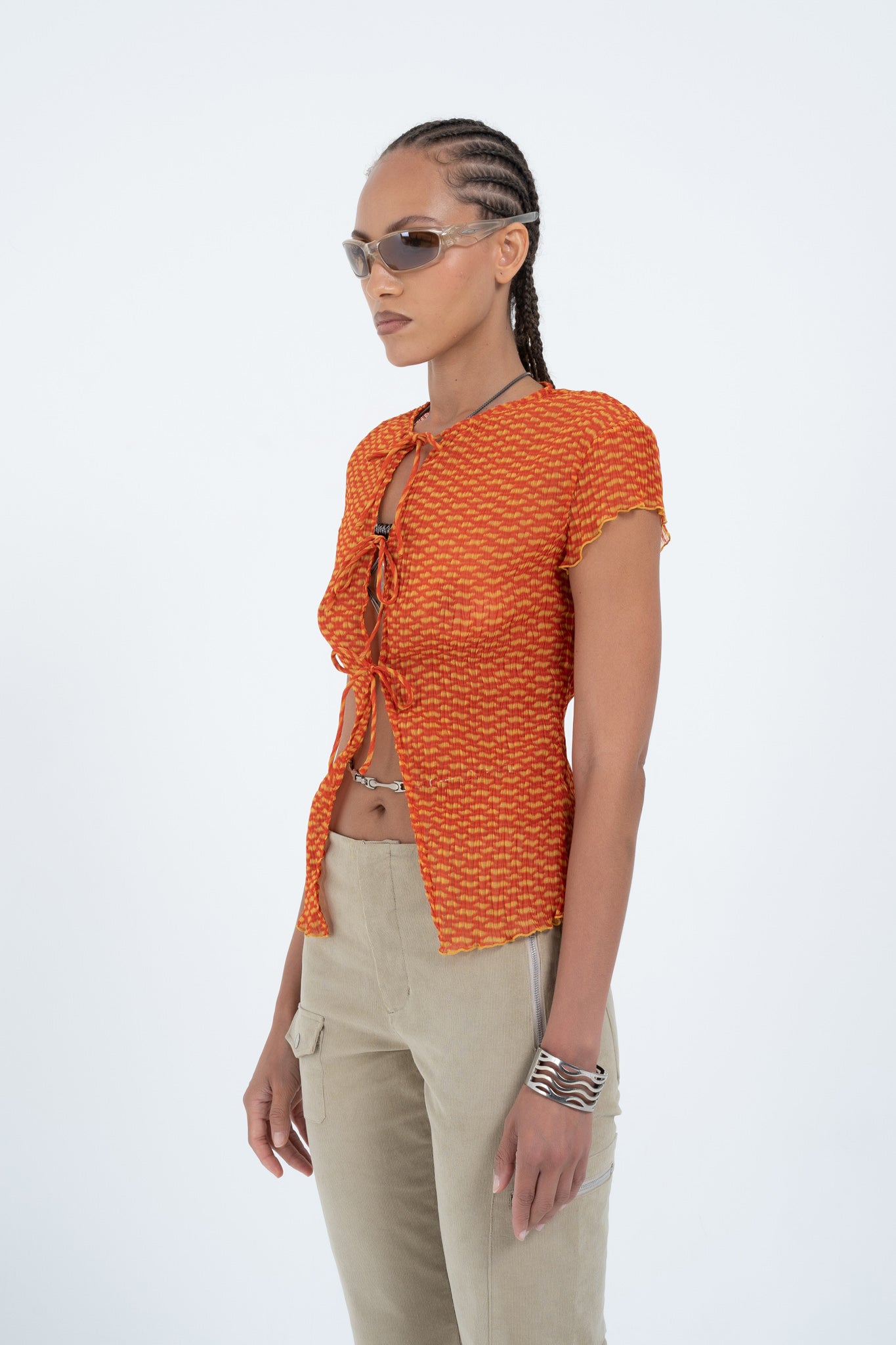 Arthur Apparel Orange Pleated Short Sleeve Tie top Swimwear Outer in Polyester