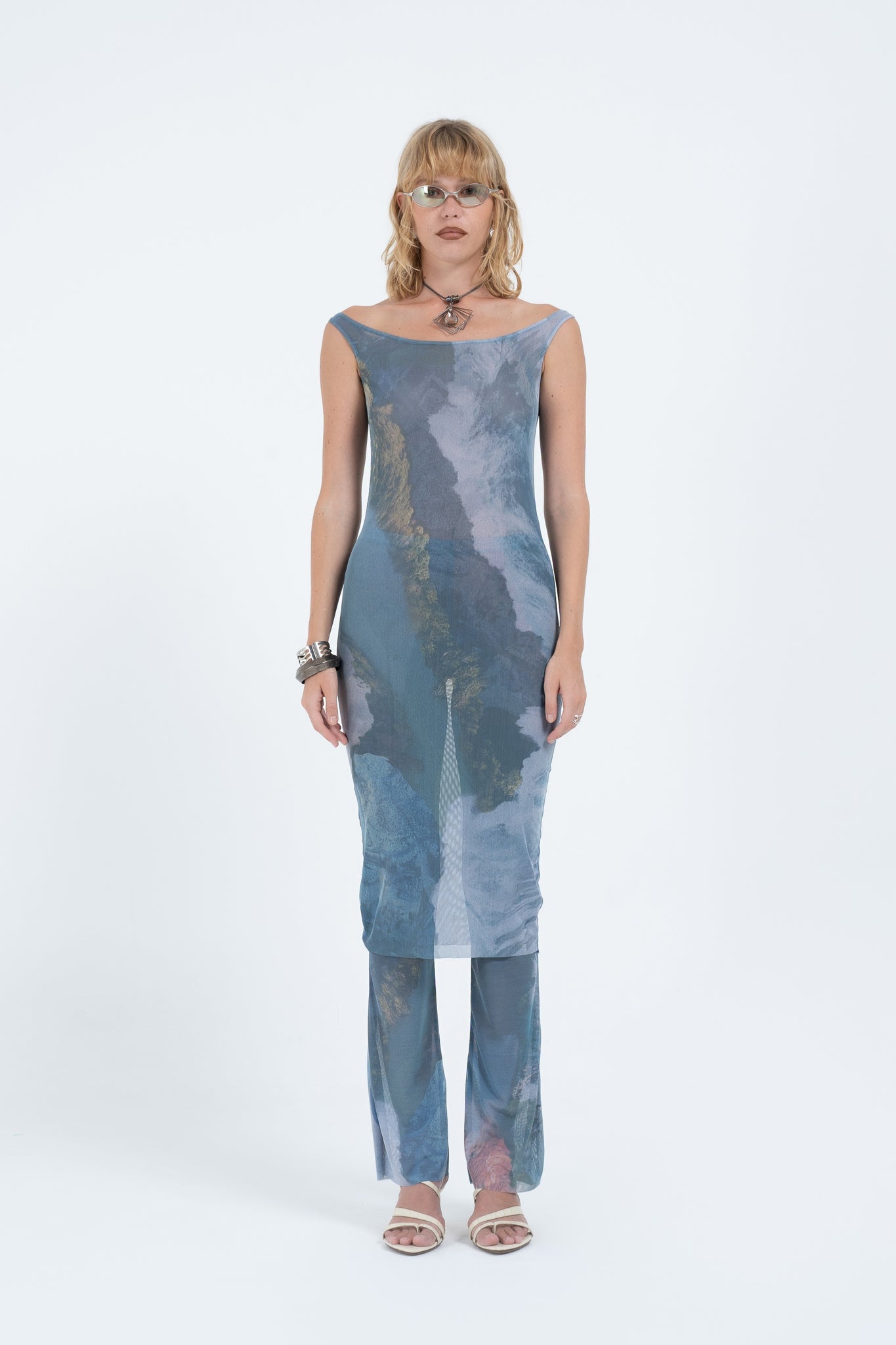 Arthur Apparel Blue Mesh Printed Midi Dress Swimwear Outer  in Nylon
