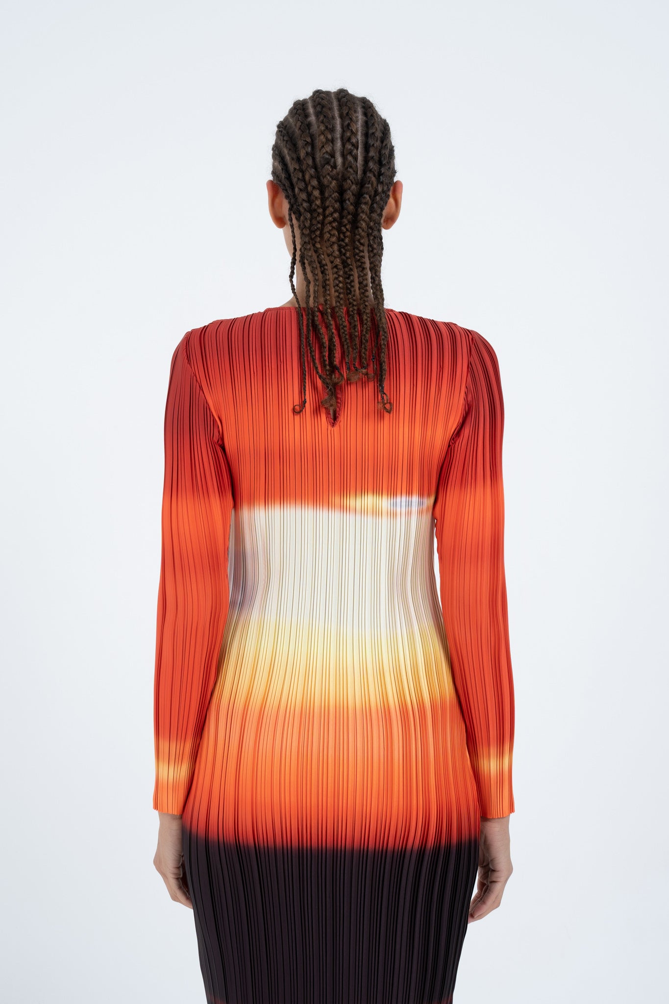 Arthur Apparel Orange Printed Long Sleeve Crew Neck Midi Dress in Pleated Polyester