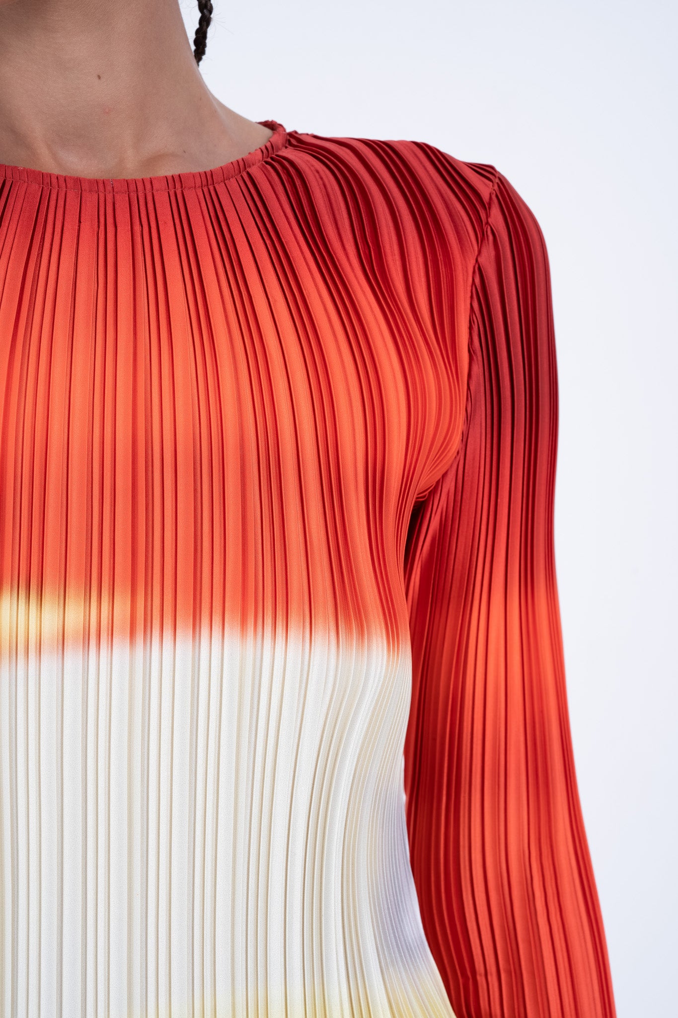 Arthur Apparel Orange Printed Long Sleeve Crew Neck Midi Dress in Pleated Polyester