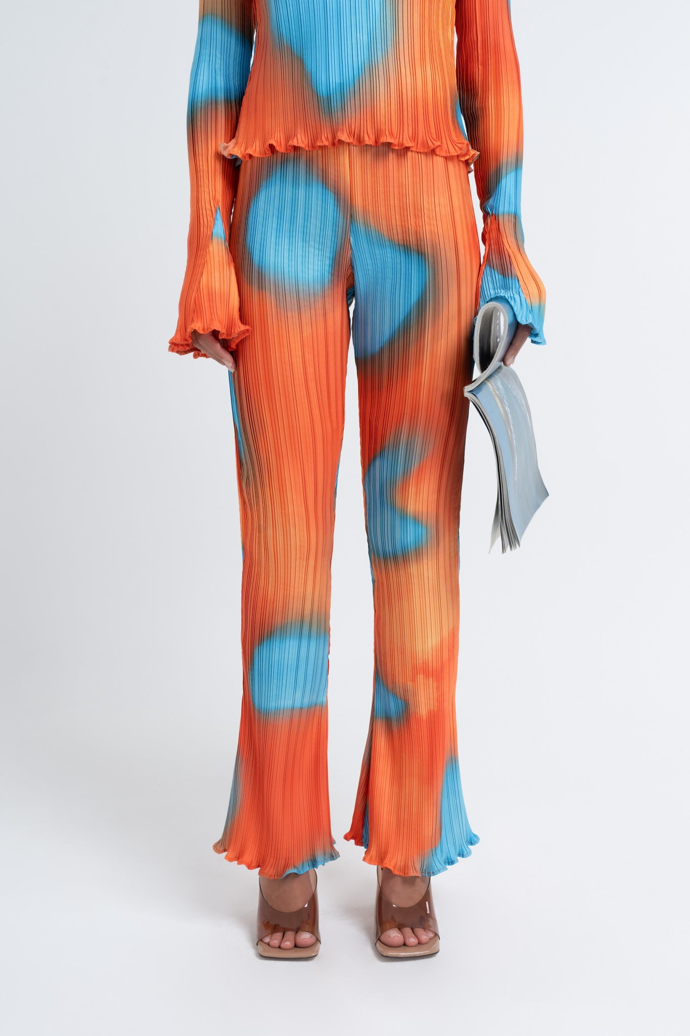 Arthur Apparel Orange Blue Prints High-Rise Slim Pleated Polyester Flare Pant
