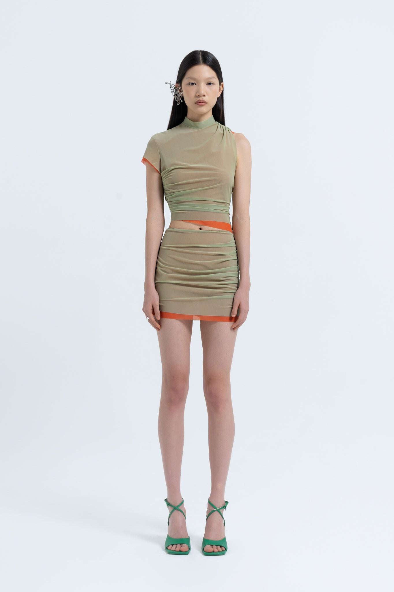 Arthur Apparel Green Mesh High Waist Nylon Mini Skirt
